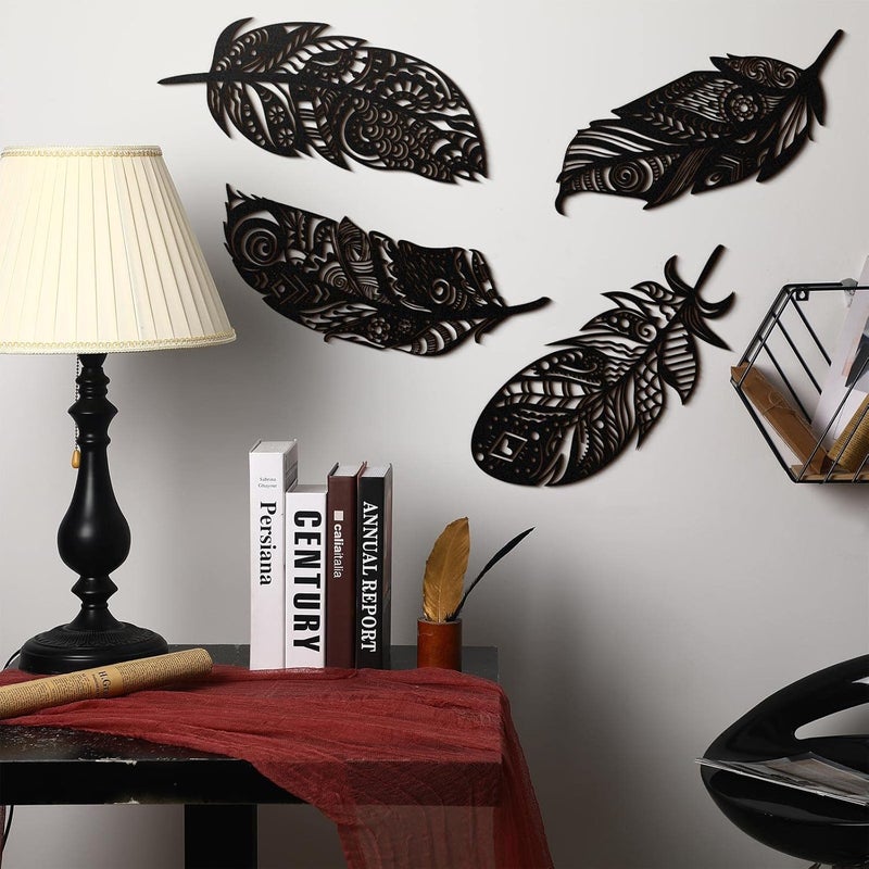 Qunclay 4 Pieces Feather Wall Decor Wooden Feather Wall Art Boho Wall Decor Laser Cut Hanging Mandala Large Rustic Farmhouse Wood Sign for Home Living Room Bedroom Bathroom KitchenBlack - Image 5