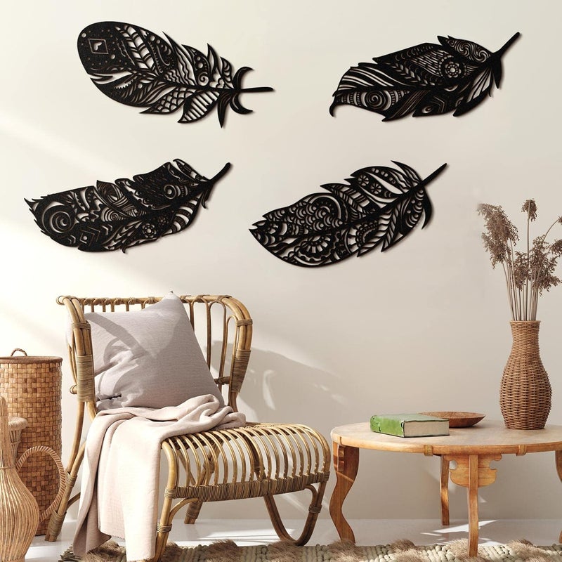 Qunclay 4 Pieces Feather Wall Decor Wooden Feather Wall Art Boho Wall Decor Laser Cut Hanging Mandala Large Rustic Farmhouse Wood Sign for Home Living Room Bedroom Bathroom KitchenBlack - Image 4