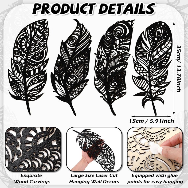 Qunclay 4 Pieces Feather Wall Decor Wooden Feather Wall Art Boho Wall Decor Laser Cut Hanging Mandala Large Rustic Farmhouse Wood Sign for Home Living Room Bedroom Bathroom KitchenBlack - Image 3