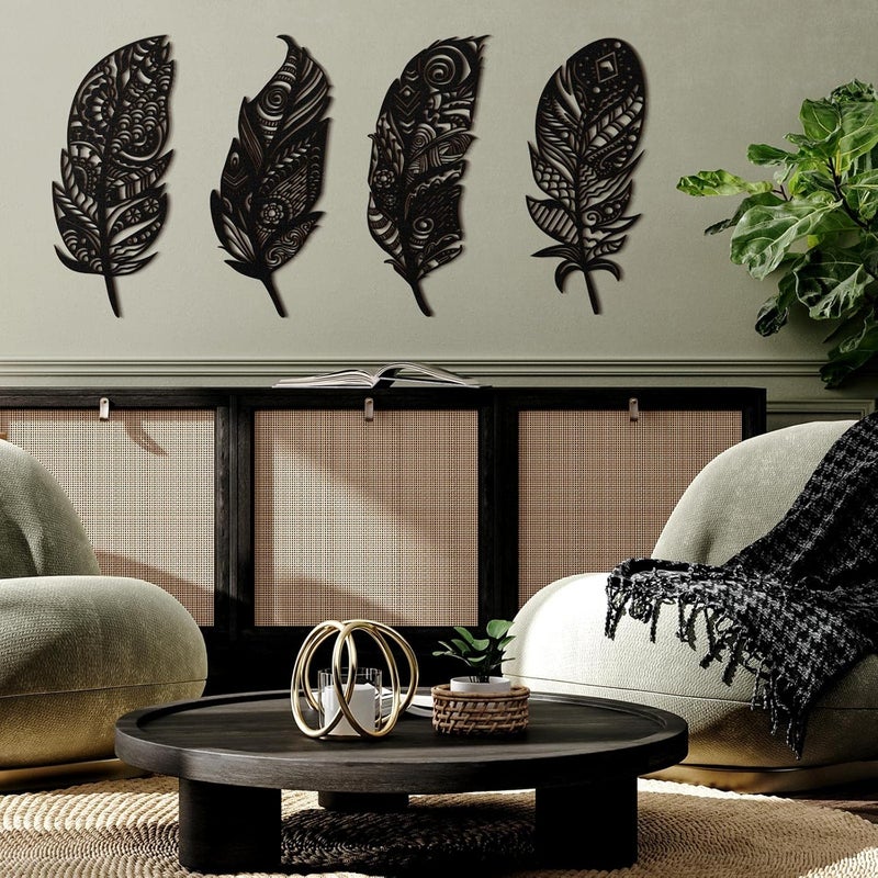 Qunclay 4 Pieces Feather Wall Decor Wooden Feather Wall Art Boho Wall Decor Laser Cut Hanging Mandala Large Rustic Farmhouse Wood Sign for Home Living Room Bedroom Bathroom KitchenBlack - Image 2
