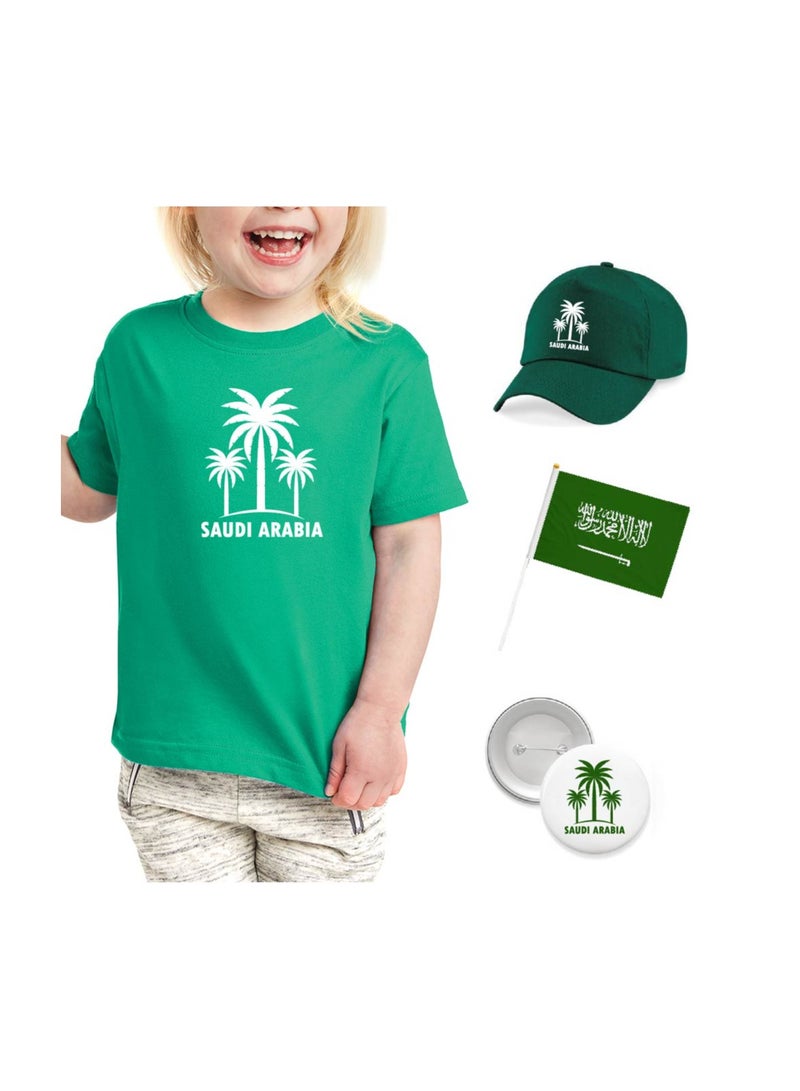 Saudi National Day T Shirt for Girls, Cap, Badge, Flag Set Celebrate Pakistan Saudi National Day with this Kids Combo Pack in Style - Image 1