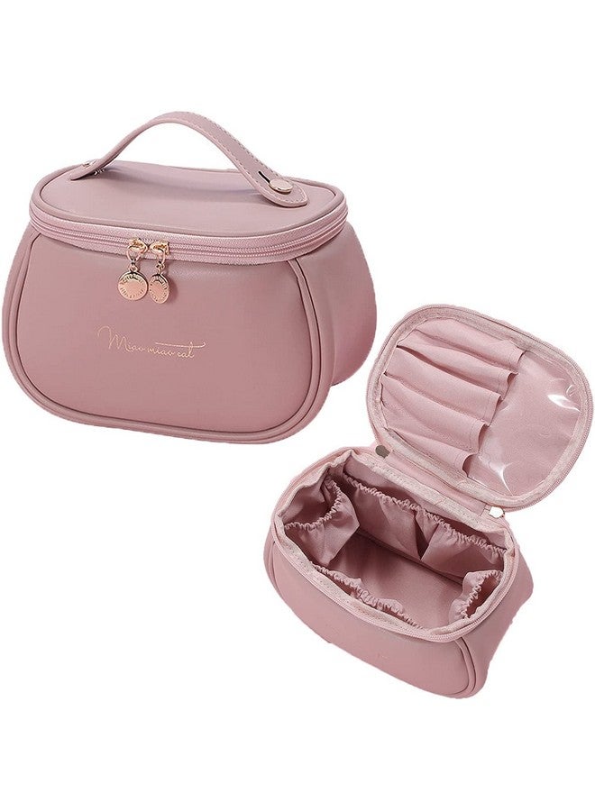 Niwlix Makeup Bag, Portable Cosmetic Bag, Large Capacity Travel Makeup Organizer, Leather Cosmetic Brush Case for Women Toiletry Bag for Girls with Handle and Divider (Light Pink) - Image 1