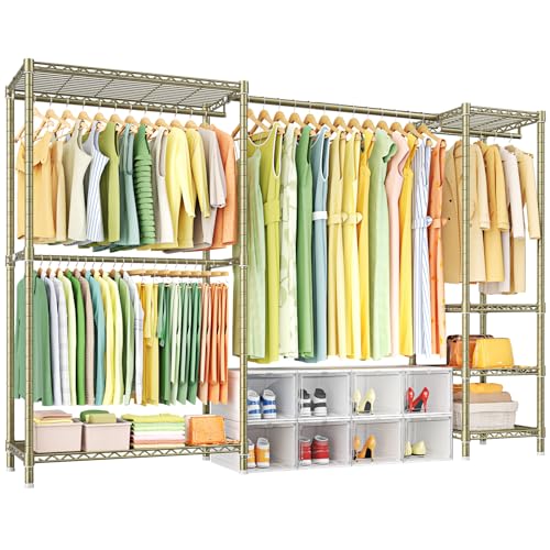 Ulif E10 Clothes Rack（With Stretchable Hanger Rod）Freestanding Clothing Racks for Hanging Clothes，Adjustable Closet Organizer System，Portable Garment Rack 73-97"W x 15" D x 72" H，Max Load 800LBS，Gold - Image 1