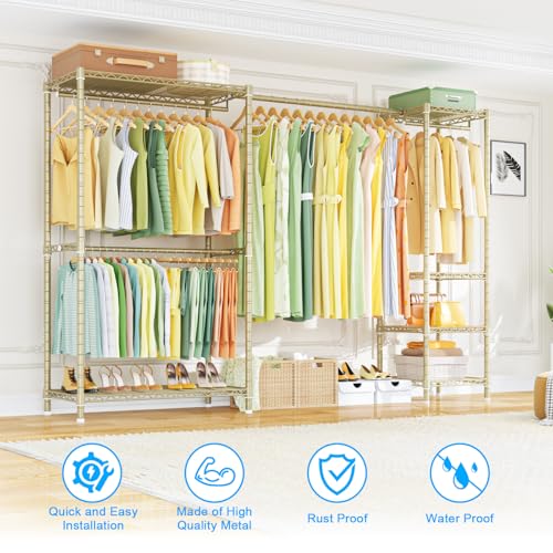 Ulif E10 Clothes Rack（With Stretchable Hanger Rod）Freestanding Clothing Racks for Hanging Clothes，Adjustable Closet Organizer System，Portable Garment Rack 73-97"W x 15" D x 72" H，Max Load 800LBS，Gold - Image 4