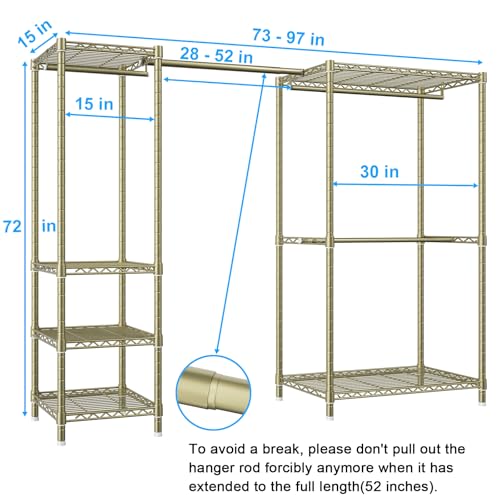 Ulif E10 Clothes Rack（With Stretchable Hanger Rod）Freestanding Clothing Racks for Hanging Clothes，Adjustable Closet Organizer System，Portable Garment Rack 73-97"W x 15" D x 72" H，Max Load 800LBS，Gold - Image 2