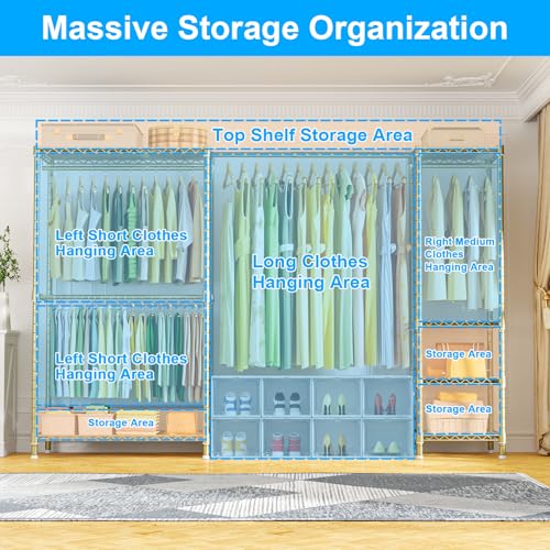 Ulif E10 Clothes Rack（With Stretchable Hanger Rod）Freestanding Clothing Racks for Hanging Clothes，Adjustable Closet Organizer System，Portable Garment Rack 73-97"W x 15" D x 72" H，Max Load 800LBS，Gold - Image 3