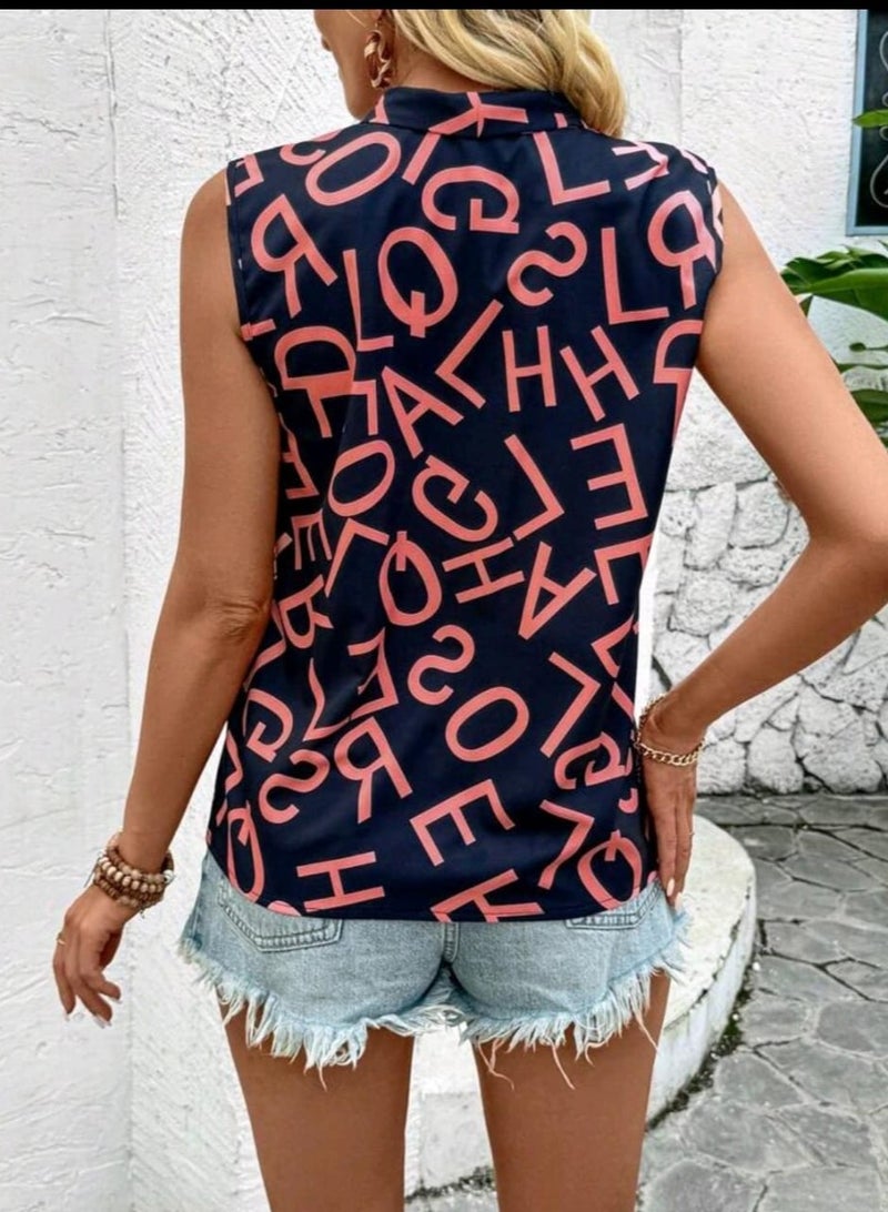 Shein SHEIN LUNE Ladies" Summer V-Neck Sleeveless Digital Letter Print Shirt - Image 2