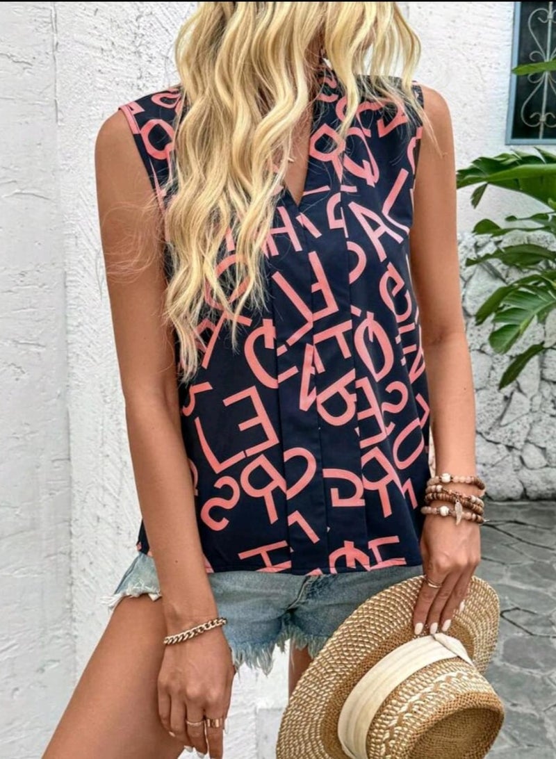 Shein SHEIN LUNE Ladies" Summer V-Neck Sleeveless Digital Letter Print Shirt - Image 5