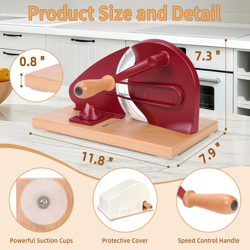CAWIU Upgraded Manual Bread Slicer for Homemade Sourdough Bread - Adjustable Thickness Bread Cutter with Hand Crank, Suction Cups, Slicing Guide, Scale Line & Cover, for Perfect Even Slices (Red) - Image 2