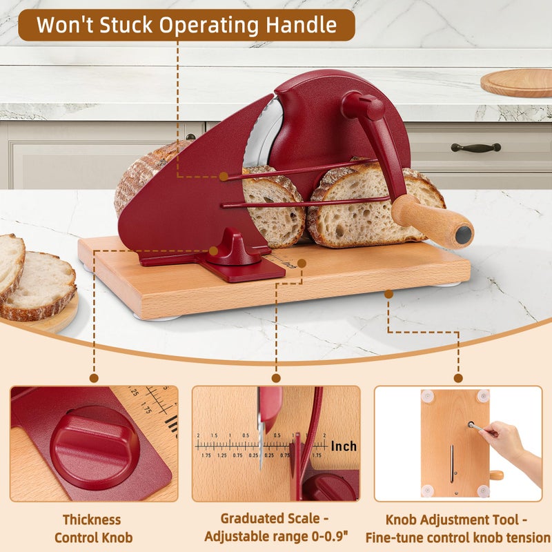 CAWIU Upgraded Manual Bread Slicer for Homemade Sourdough Bread - Adjustable Thickness Bread Cutter with Hand Crank, Suction Cups, Slicing Guide, Scale Line & Cover, for Perfect Even Slices (Red) - Image 3