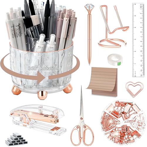 Dimonluce Rose Gold Desk Accessories Office Supplies Desk Organizers 360Pen Holder Acrylic Stapler Set Phone Holder Ballpoint Pen Scissor Binder Clips Ruler Transparent Glue Sticky Note and Staples - Image 1