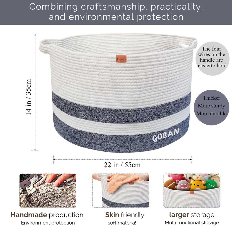 GOCAN سلة غسيل كبيرة جدًا من XXXL مصنوعة من الحبل، سلة هدايا فارغة مقاس D55XH35 سم، سلة تخزين، سلة غسيل مع مقابض لتخزين المناشف، سلة غسيل قابلة للطي - Image 3