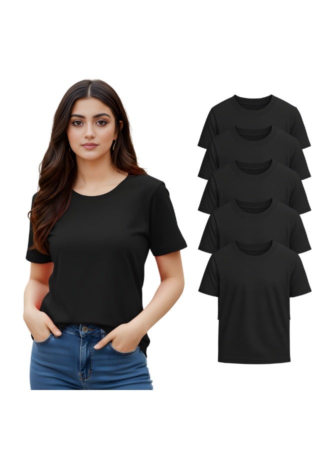 PRINTSHOP4ME Pack Of 5 Women's Round Neck T-Shirts | Short Sleeve | Cotton Tees | Comfortable Casual Wear For Daily Use, Gym - Image 1