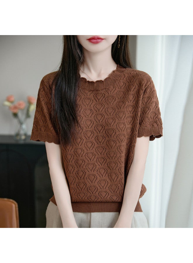 XINYANG korean-style Lace Hollow-out T-shirt Women's 2025 Summer Solid Color Short Sleeve Cotton Top - Image 4