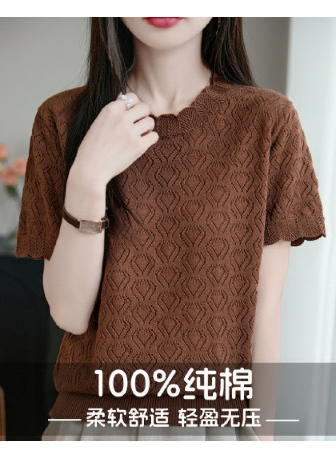 XINYANG korean-style Lace Hollow-out T-shirt Women's 2025 Summer Solid Color Short Sleeve Cotton Top - Image 1
