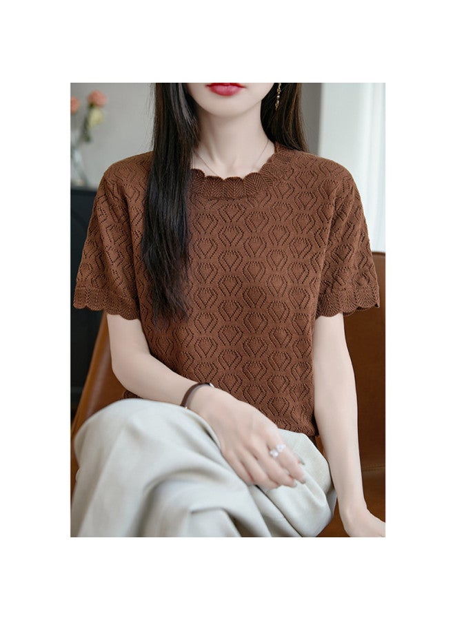 XINYANG korean-style Lace Hollow-out T-shirt Women's 2025 Summer Solid Color Short Sleeve Cotton Top - Image 3