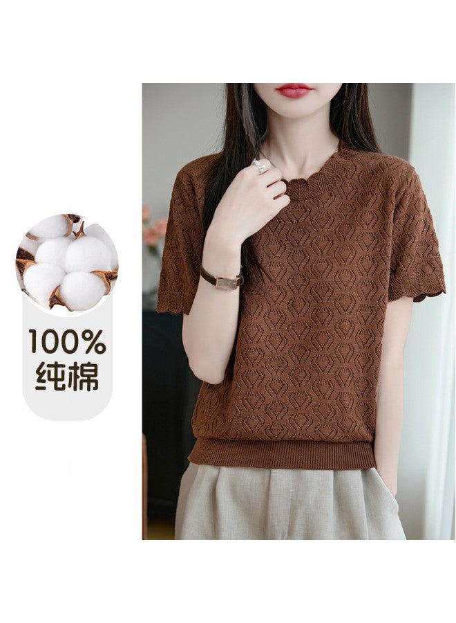 XINYANG korean-style Lace Hollow-out T-shirt Women's 2025 Summer Solid Color Short Sleeve Cotton Top - Image 2
