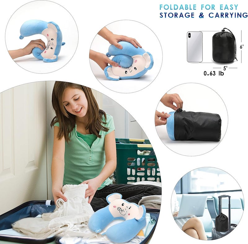 Travel Pillow for Kids and Adults, Cute Animal Memory Foam Neck Pillow with Soft Fleece Cover and Eye Mask Set, Airplane Pillow Travel Kit with Drawstring Organizer Bag, Machine Washable (Elephant) - Image 5