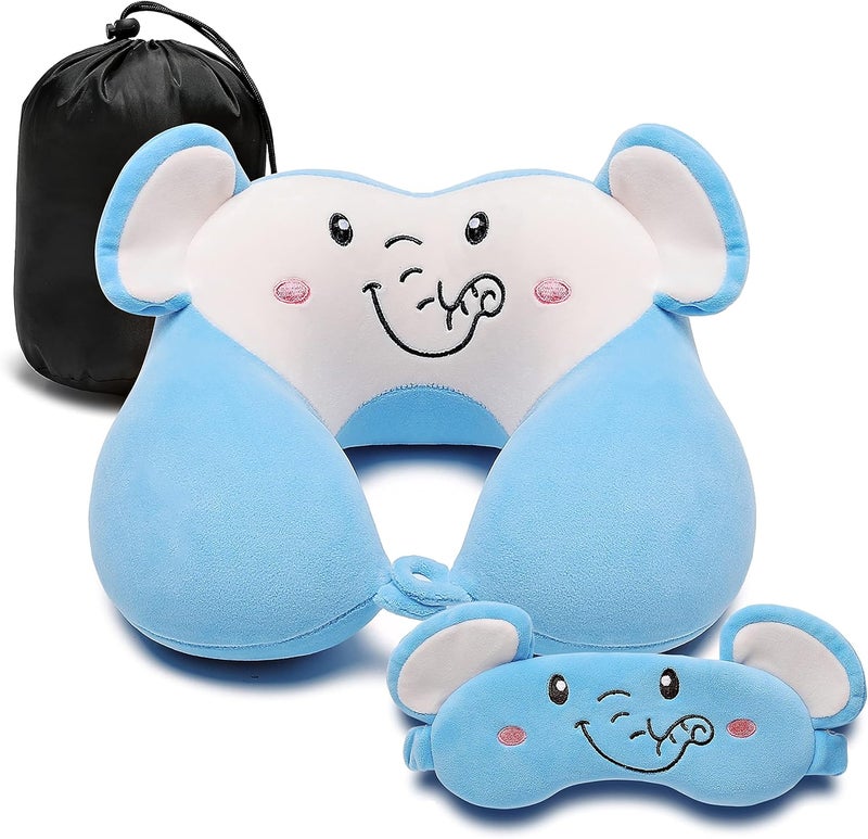 Travel Pillow for Kids and Adults, Cute Animal Memory Foam Neck Pillow with Soft Fleece Cover and Eye Mask Set, Airplane Pillow Travel Kit with Drawstring Organizer Bag, Machine Washable (Elephant) - Image 1
