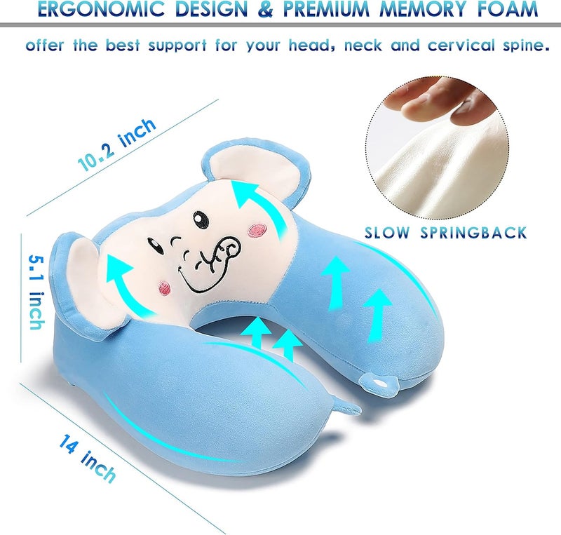 Travel Pillow for Kids and Adults, Cute Animal Memory Foam Neck Pillow with Soft Fleece Cover and Eye Mask Set, Airplane Pillow Travel Kit with Drawstring Organizer Bag, Machine Washable (Elephant) - Image 3