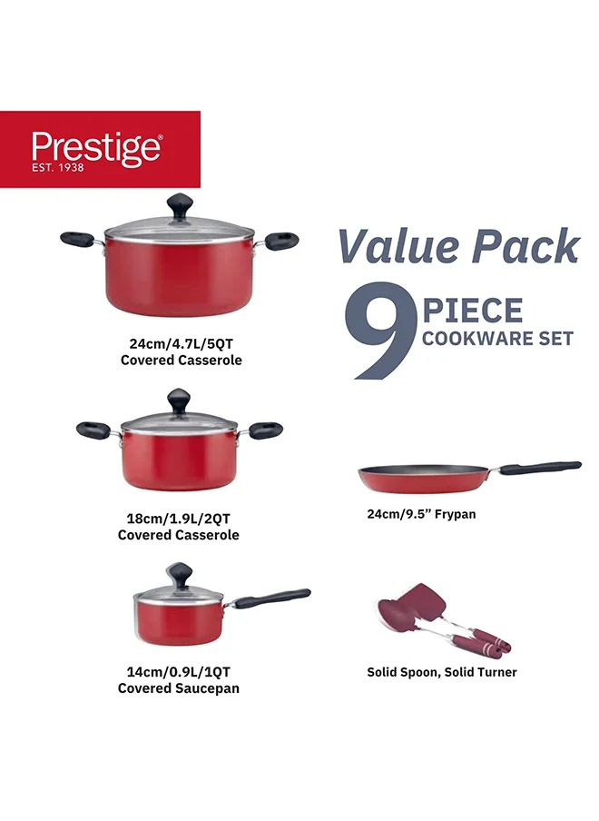 برستيج Prestige 9-Piece Non-Stick Cookware Set | Pots and Pans Set for Kitchen | Non-Stick Aluminium | PR22430 - RED