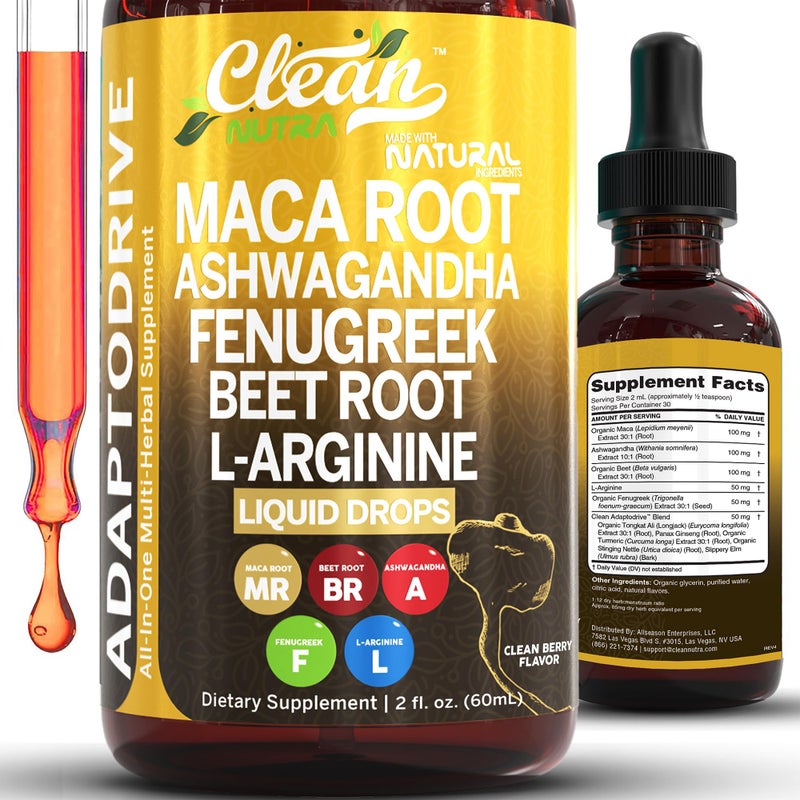Clean Nutraceuticals Clean Nutra Organic Maca Root Liquid Drops with Ashwagandha Fenugreek Beet Root and LArginine Liquid Multivitamin for Women and Men Adapto Drive 