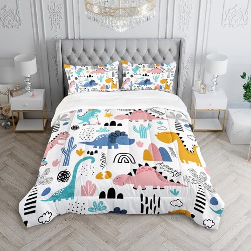 XYNHML Cartoon Dinosaur Rainbow Comforter Set Twin 3Pc Kawaii Dinosaur Bedding Set All Season with Cactus, Coconut Tree Decoration Includes 1 Comforter, 2 Pillowcases for Kids Girls Teens - Image 3