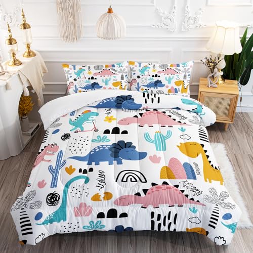 XYNHML Cartoon Dinosaur Rainbow Comforter Set Twin 3Pc Kawaii Dinosaur Bedding Set All Season with Cactus, Coconut Tree Decoration Includes 1 Comforter, 2 Pillowcases for Kids Girls Teens - Image 1