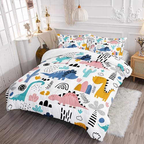 XYNHML Cartoon Dinosaur Rainbow Comforter Set Twin 3Pc Kawaii Dinosaur Bedding Set All Season with Cactus, Coconut Tree Decoration Includes 1 Comforter, 2 Pillowcases for Kids Girls Teens - Image 2