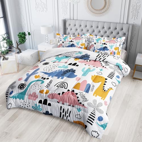 XYNHML Cartoon Dinosaur Rainbow Comforter Set Twin 3Pc Kawaii Dinosaur Bedding Set All Season with Cactus, Coconut Tree Decoration Includes 1 Comforter, 2 Pillowcases for Kids Girls Teens - Image 4