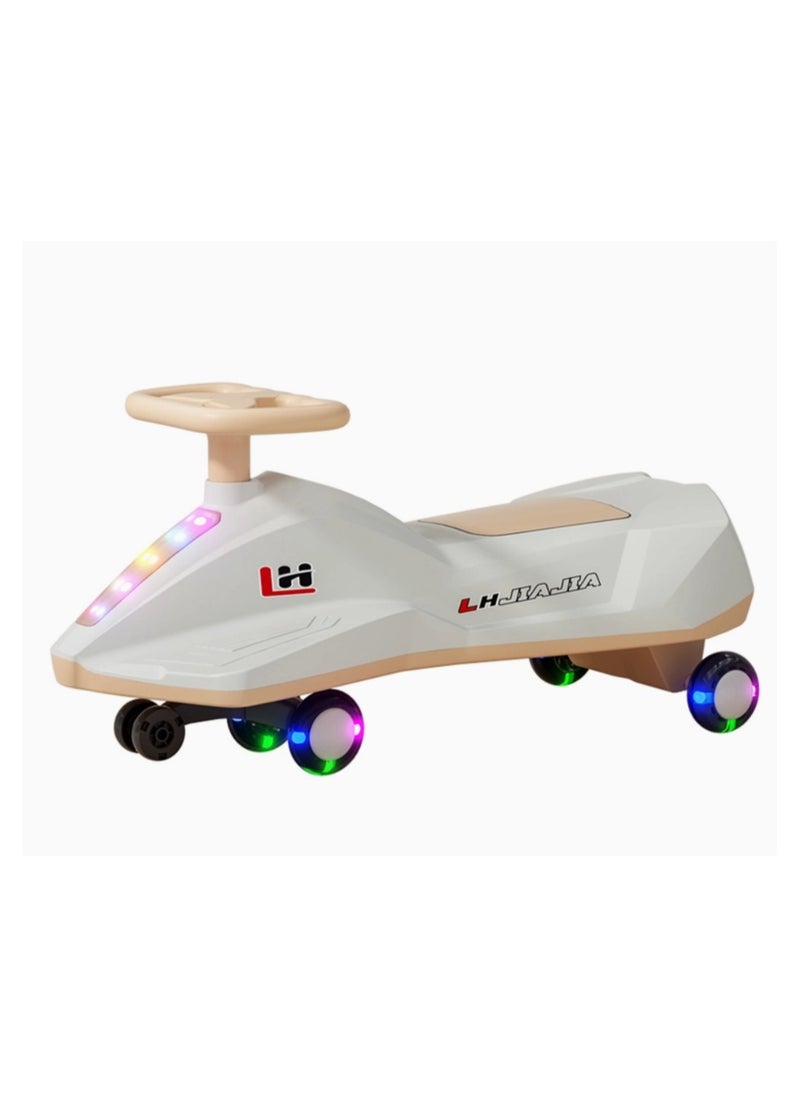 Generic A swaying car that operates with oscillation, rotation, turns and tilt movements for steering, with polyurethane wheels, music and flashing LED lighting for children of both sexes 