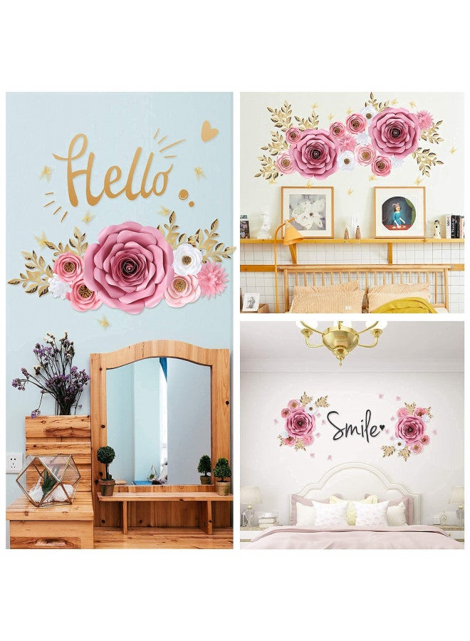 Pardecor Large Paper Flowers Decorations for Wall, Artificial 3D Flower Wall Decor with Gold Butterfly Sticker for Baby Girl Nursery Room, Pink Roses Spring Garden Tea Party Bulletin Board Decoration - Image 1