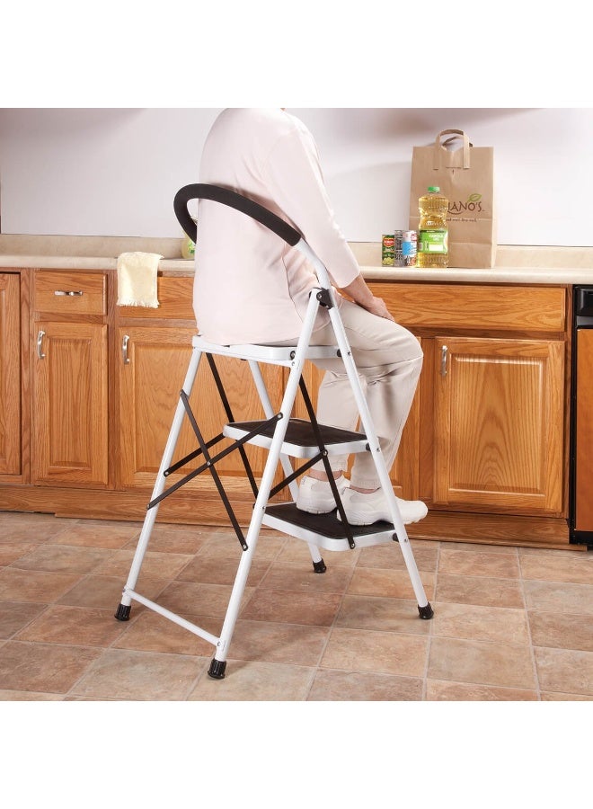 سي&زد كرسي سلم قابل للطي بثلاث درجات محمول مع مجموعة كرسي سلم من Easy Comforts وسلم دواسة عريض متعدد الاستخدامات للمنزل والمطبخ وتوفير المساحة الخارجية (أبيض) - Image 1
