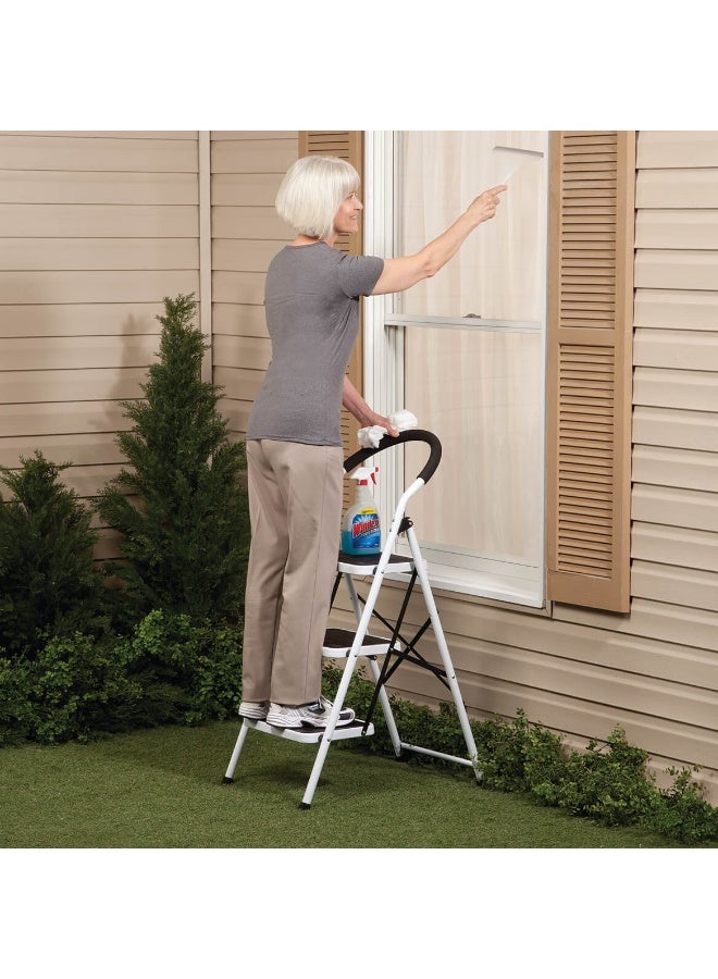 سي&زد كرسي سلم قابل للطي بثلاث درجات محمول مع مجموعة كرسي سلم من Easy Comforts وسلم دواسة عريض متعدد الاستخدامات للمنزل والمطبخ وتوفير المساحة الخارجية (أبيض) - Image 5