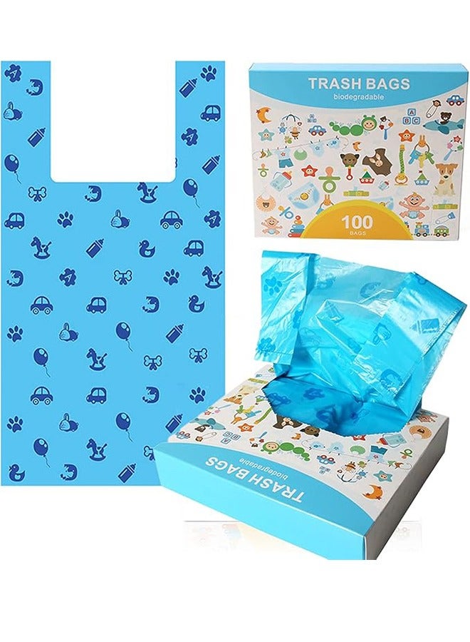 100Pcs Biodegradable Diaper Bags with Handles Easy to Tie, Baby Diaper Bag Trash Can or Pet Waste Bags, Biodegradable Diaper Waste Bags, (18.5*37cm, Blue)  - Image 1