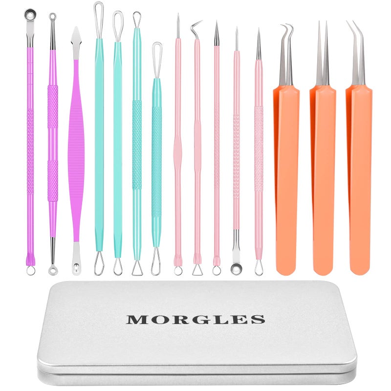 MORGLES Blackhead Remover Tools, 15 Pcs Pimple Popper Tool Kit Comedone Pimple Extractor for Blackhead Blemish Zit Removing with Metal Case 2024 Latest - Image 1