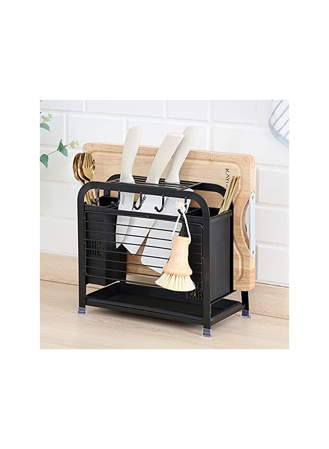 IAF Holder Cutting Board Holder Cutlery Drainer Basket Cooking Cutlery Organizer All In 1 With Non-Slip Feet 5 Hooks For Chopsticks Spoon Fork Removable Tray For Kitchen Counter - Image 2