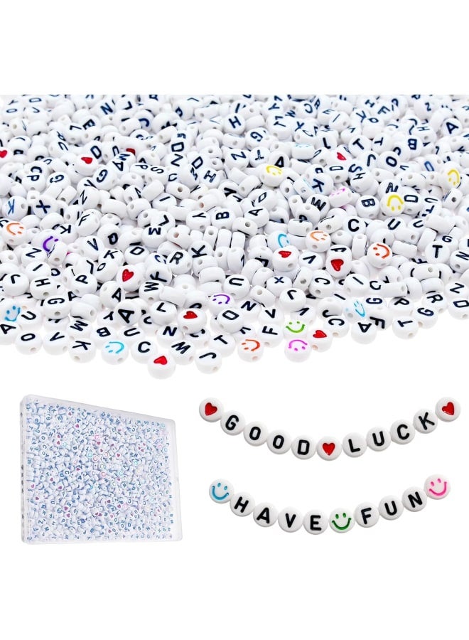 Amaney 1200 Pieces 4×7mm White Round Acrylic Alphabet Letter Beads A-Z Include 100pcs Heart Beads and Number Beads for Jewelry Making Bracelets Necklaces Key Chains  - Image 1