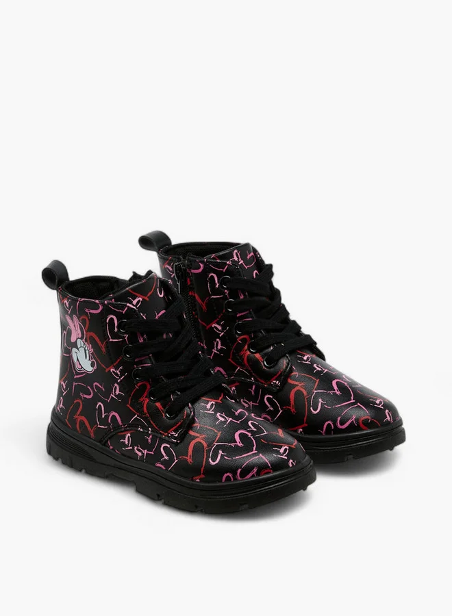 Disney Minnie Mouse Heart Print Boots with Lace-Up Closure