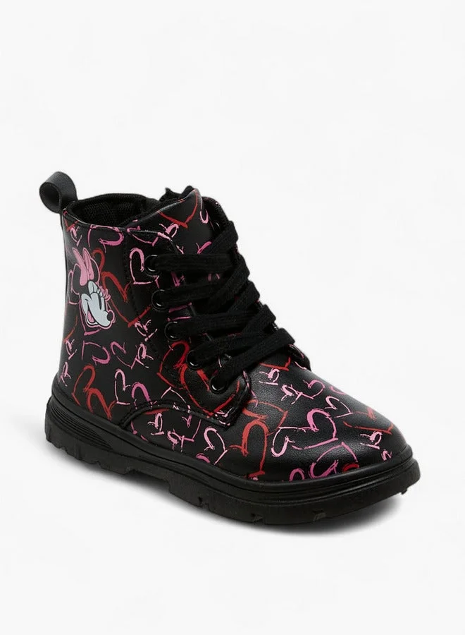 Disney Minnie Mouse Heart Print Boots with Lace-Up Closure