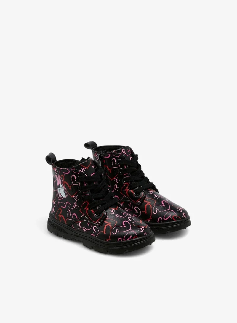 Disney Minnie Mouse Heart Print Boots with Lace-Up Closure