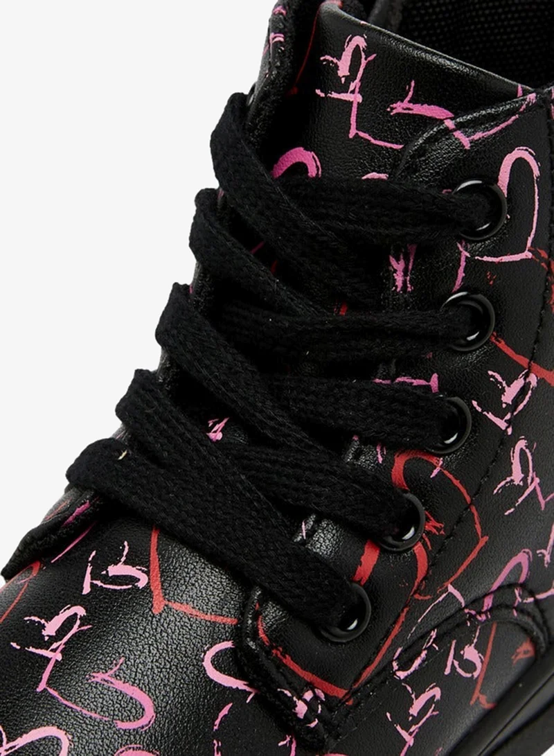 Disney Minnie Mouse Heart Print Boots with Lace-Up Closure