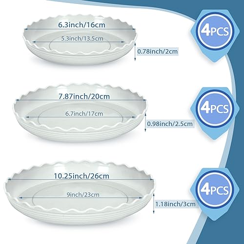 Fireboomoon فيري بومون 12 عبوة صحن نبات دائري بلاستيكي أبيض، وعاء زهور ثقيل ومت耐، حاوية لتصريف المياه للنباتات الداخلية والخارجية (6 بوصة/8 بوصة/10 بوصة) - Image 2