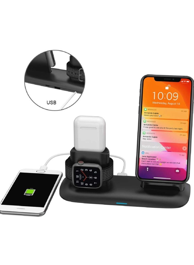 porodo - 4-in-1 Charging Hub, Wireless Charging Station, Fast Wireless Charger Compatible for Airpods 1/2/3 and Airpods Pro - Black - Image 1
