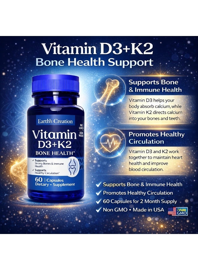 Earth's Creation Vitamin D3 + K2 Supplement for Bone Health, Circulation & Immune Support, Non-GMO, Made in USA, 60 Capsules - Image 2