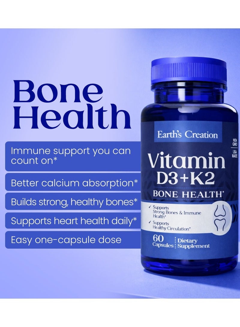 Earth's Creation Vitamin D3 + K2 Supplement for Bone Health, Circulation & Immune Support, Non-GMO, Made in USA, 60 Capsules - Image 4