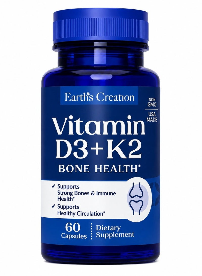 Earth's Creation Vitamin D3 + K2 Supplement for Bone Health, Circulation & Immune Support, Non-GMO, Made in USA, 60 Capsules - Image 1