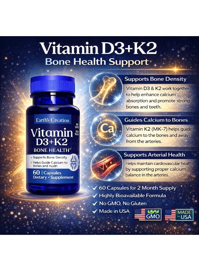 Earth's Creation Vitamin D3 + K2 Supplement for Bone Health, Circulation & Immune Support, Non-GMO, Made in USA, 60 Capsules - Image 3