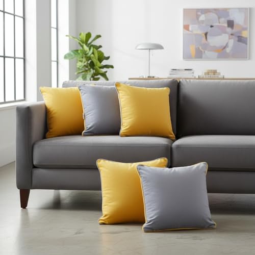 STITCHNEST Velvet Grey & Yellow Cushion Covers Set of 5 | Solid Color Both-Side Design with Piping | Soft & Premium Finish | 16x16 Inches | Sofa & Living Room Décor - Image 5