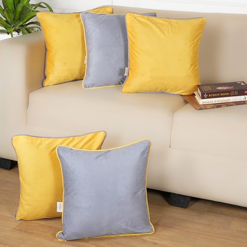 STITCHNEST Velvet Grey & Yellow Cushion Covers Set of 5 | Solid Color Both-Side Design with Piping | Soft & Premium Finish | 16x16 Inches | Sofa & Living Room Décor - Image 1